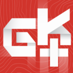 logo GoKart+ na czerwonym topograficznym tle.