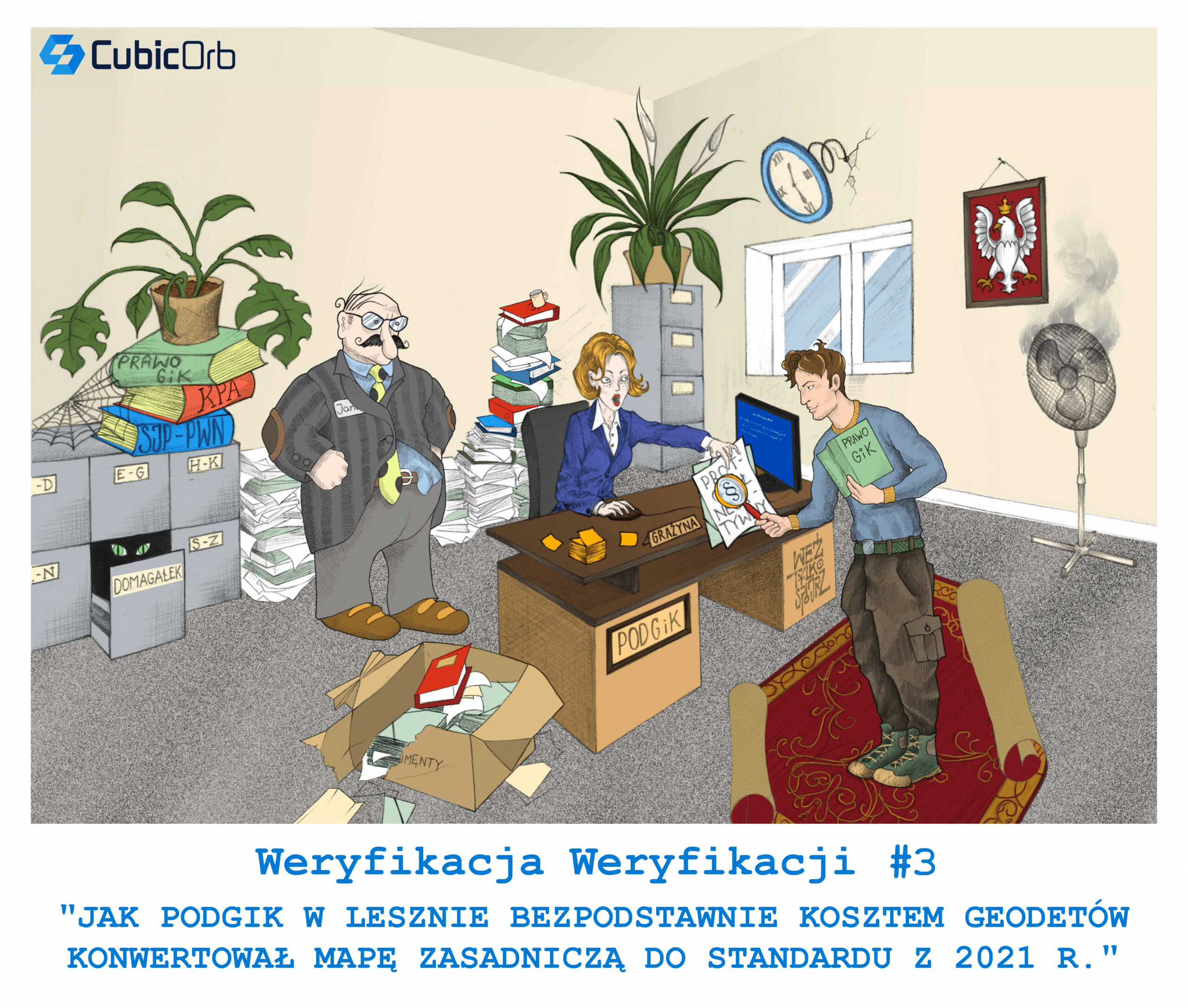 Grafika przedstawiająca troje ludzi będących w biurze, za biurkiem siedzi kobieta i podaje plik papierów młodemu mężczyźnie, za kobietą stoi gruby mężczyzna z niezadowoloną miną.